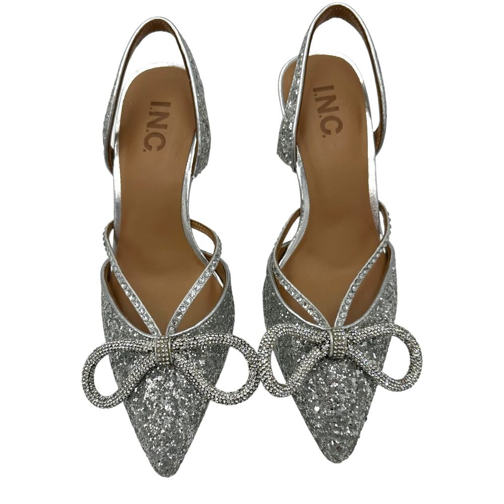 Silver SparIe  I.N.C Gerley Bow Mid-Heel Slingback Pumps 5M